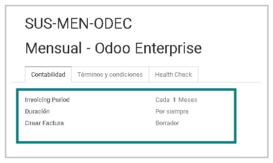 Módulo Suscripciones Odoo ERP - Modelo Plantilla de Suscripción