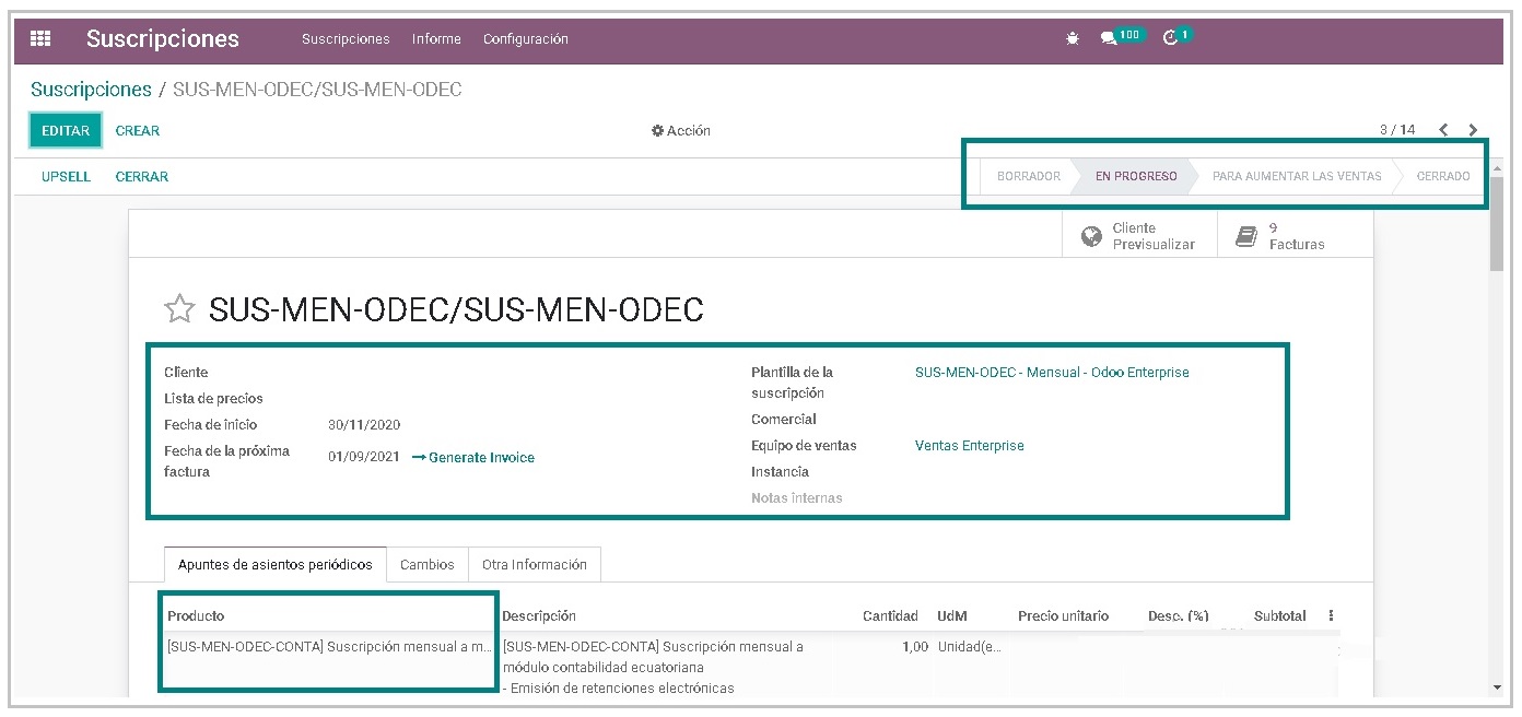 Módulo Suscripciones Odoo ERP - Suscripción 