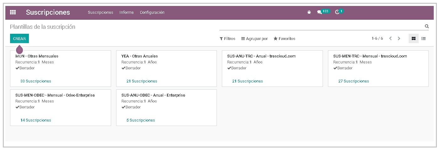 Módulo Suscripciones Odoo ERP V14 - Plantillas de Suscripción vista kanban