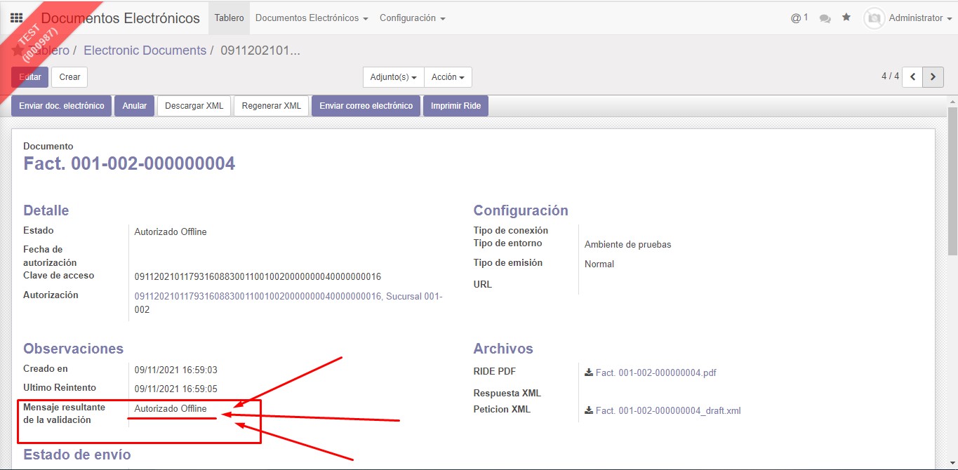 Mensaje de Autorización Offline en Odoo en la localización de Trescloud.