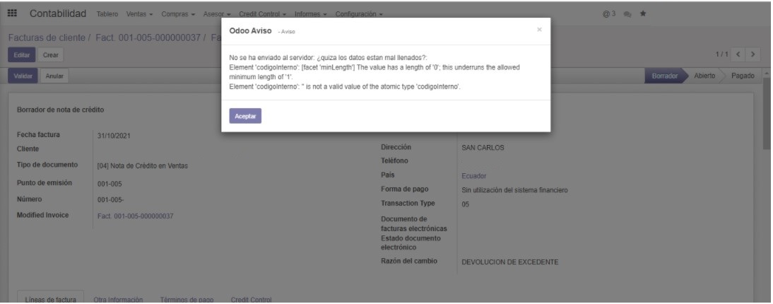 Error validación a facturar en Odoo en la localización de Trescloud