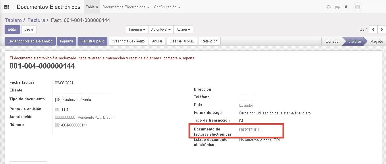 Documento de Facturas Electrónicas en Odoo en la localización de Trescloud.