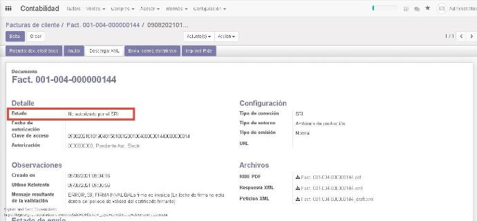  Estado de No. Autorización por el SRI en Odoo en la localización de Trescloud.