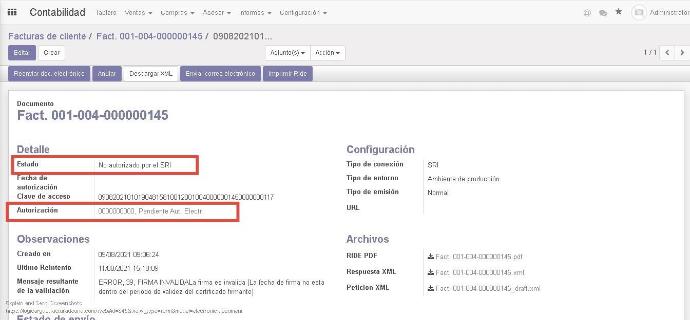 Observación del No. de Autorización del SRI en Odoo en la localización de Trescloud.