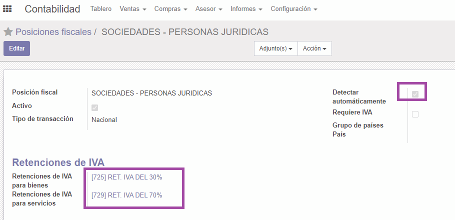 Cuadro explicativo de configuracion de retenciones de IVA en Odoo ERP