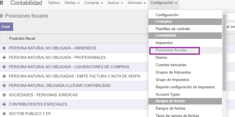 Menú de configuración de posición fiscal en Odoo ERP