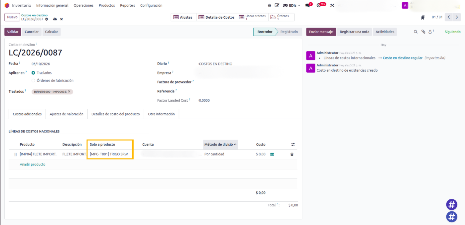 "Línea de costo en destino en Odoo con filtro Solo a Producto