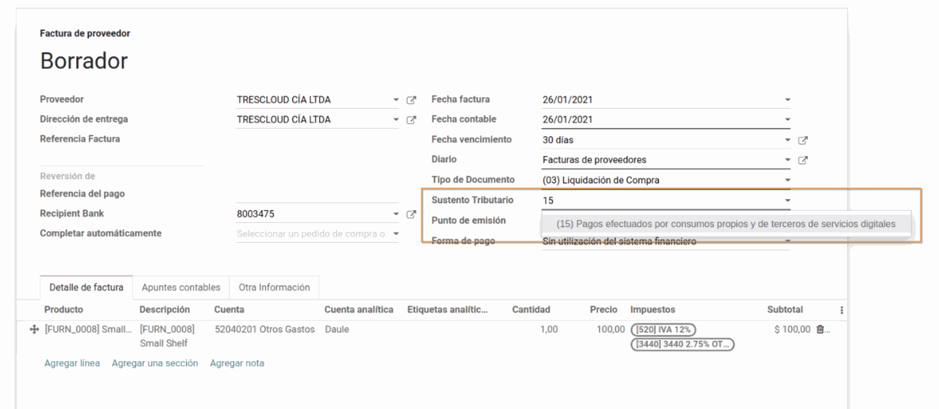 Sustentos tributarios en Odoo ERP